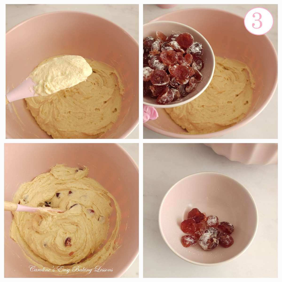 4 photo collage of folding in flour coated cherry halves to cake batter, with text 'photo 3'.