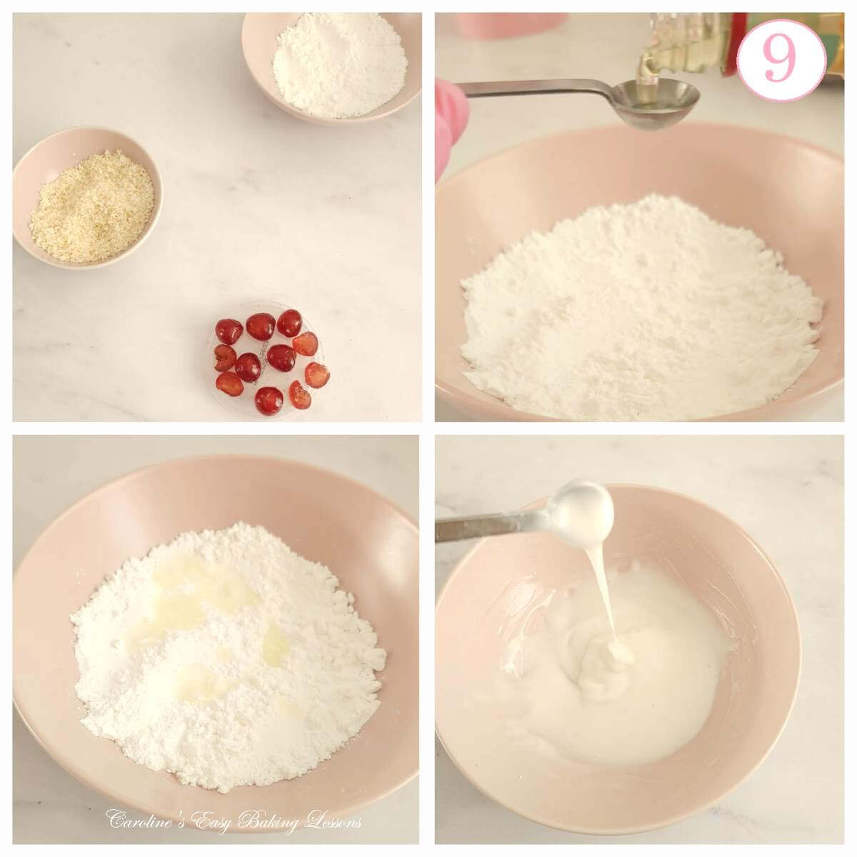 4 photo collage of preparing glaze to a thick dripping consistency, with text 'photo 9'.