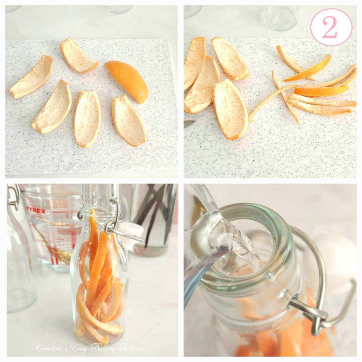 4 photo collage of adding orange peel and vegetable glycerine mixture to small glass jar, with text 'photo 2'.