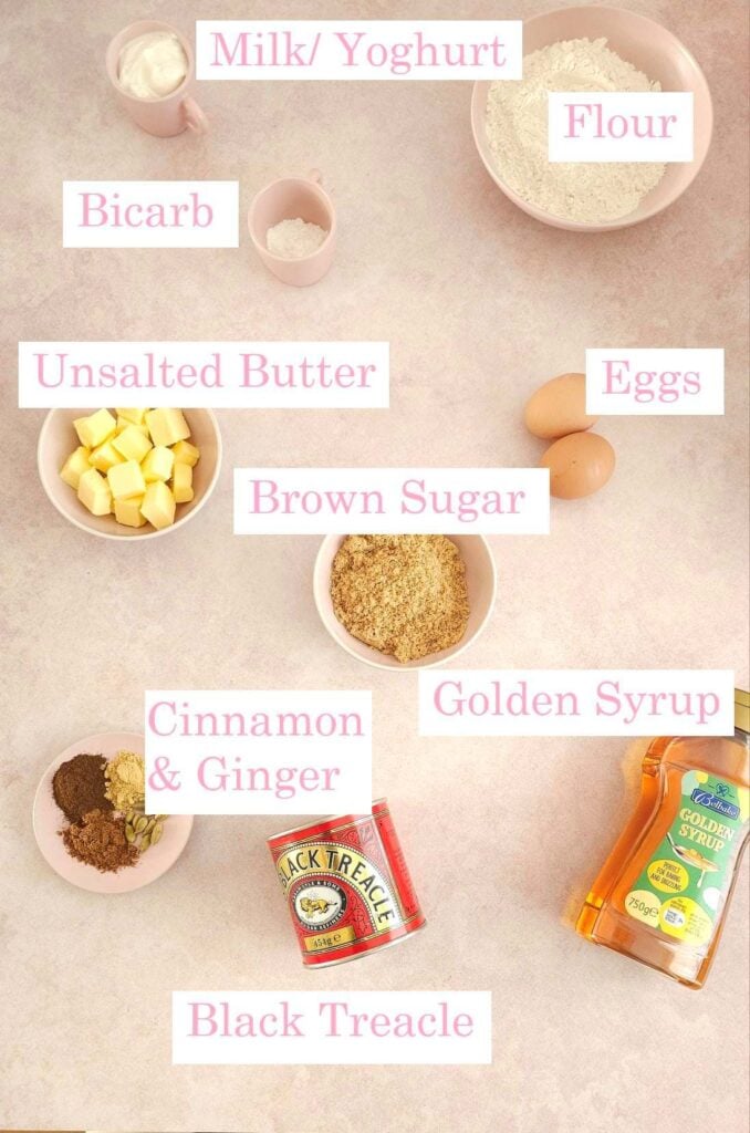 Overhead photo on pink table top with bowls of labelled ingredients for gingerbread cake.