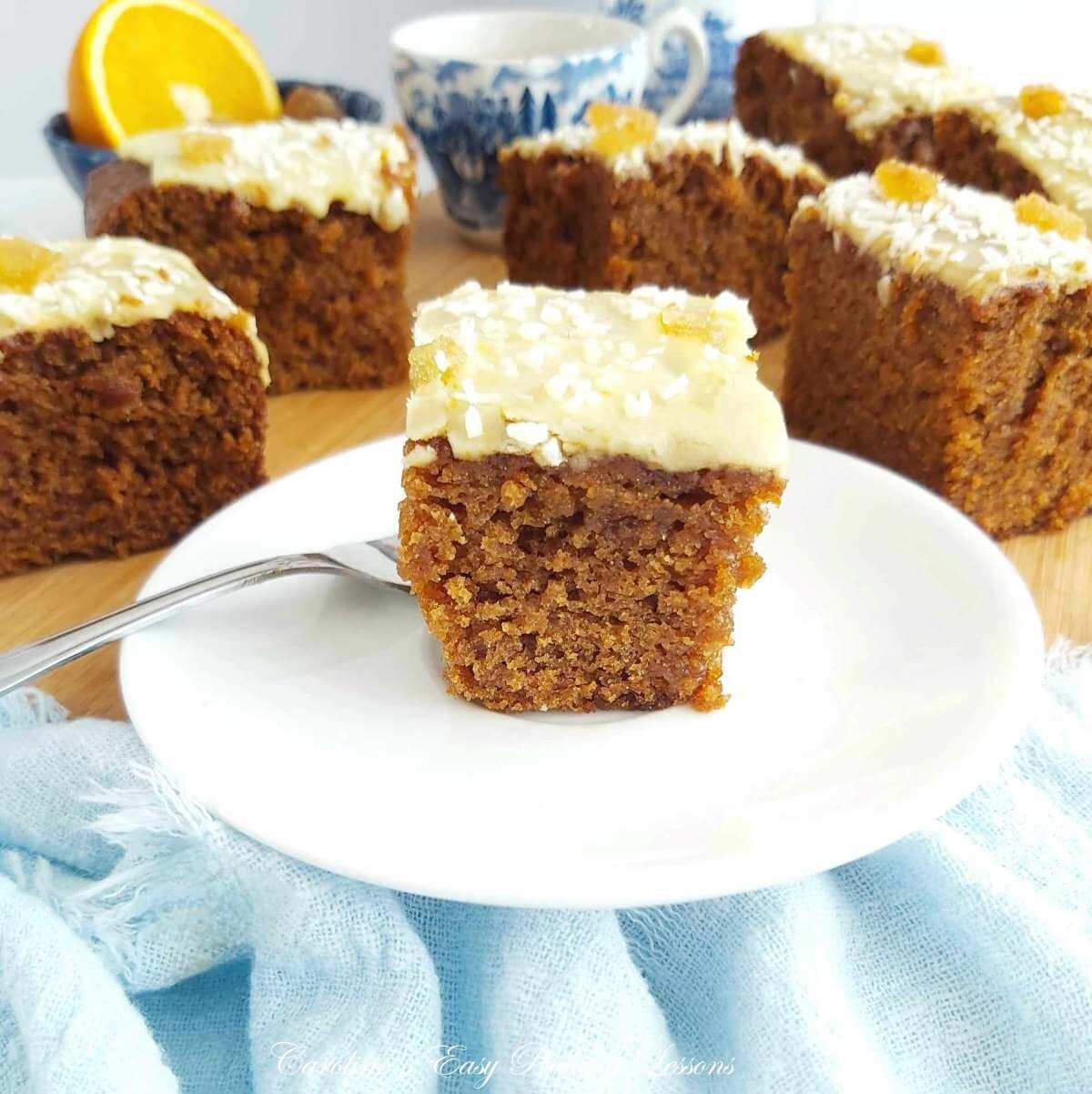 Glazed gingerbread cake square from traybake.