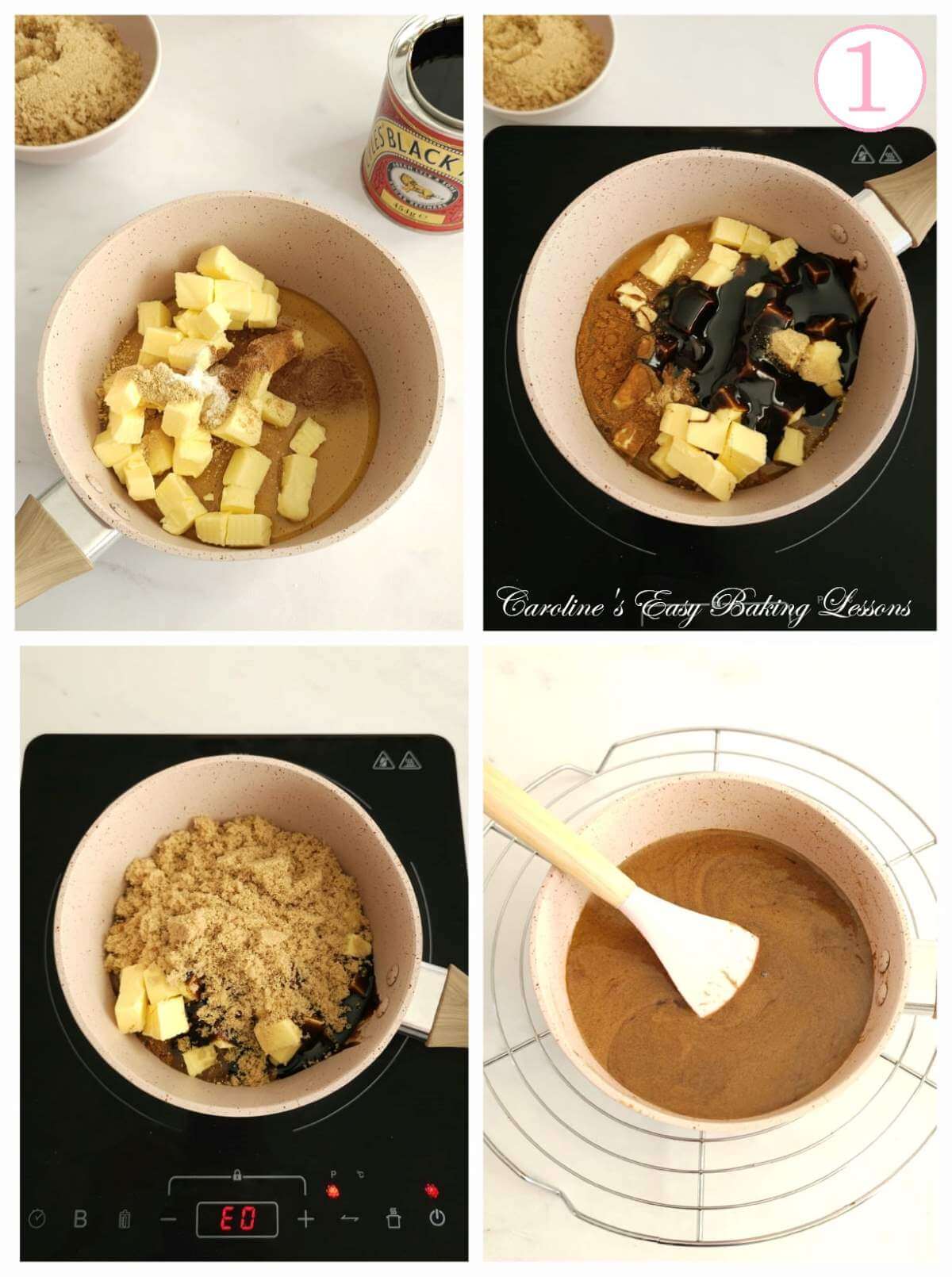 4 photo collage of heating wet ingredients for gingerbread traybake with text 'photo 1'.