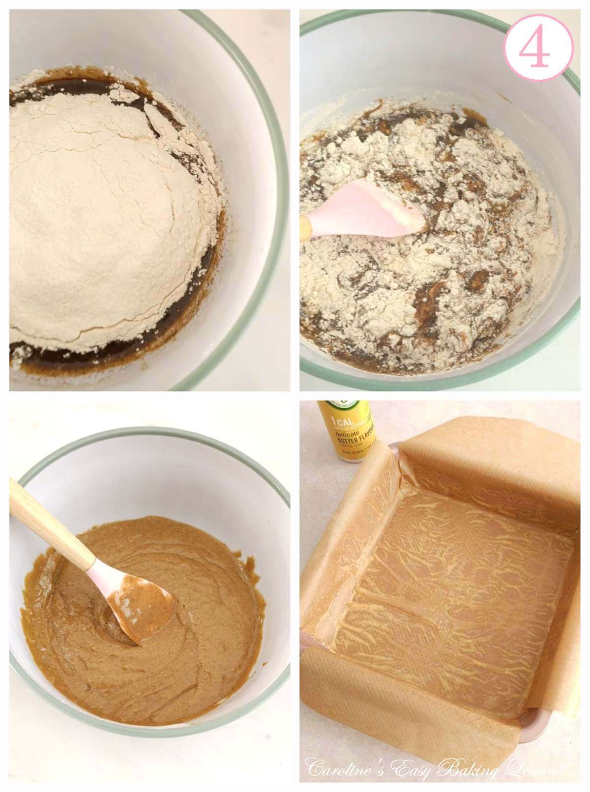 4 photo collage of mixing wet and dry ingredients for gingerbread cake and paper lining square tin, with text 'photo 4'.