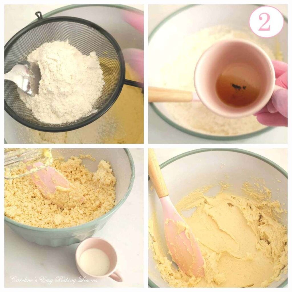 4 photo collage of addign dry ingredients to wet & adding milk, with text 'photo 2'.