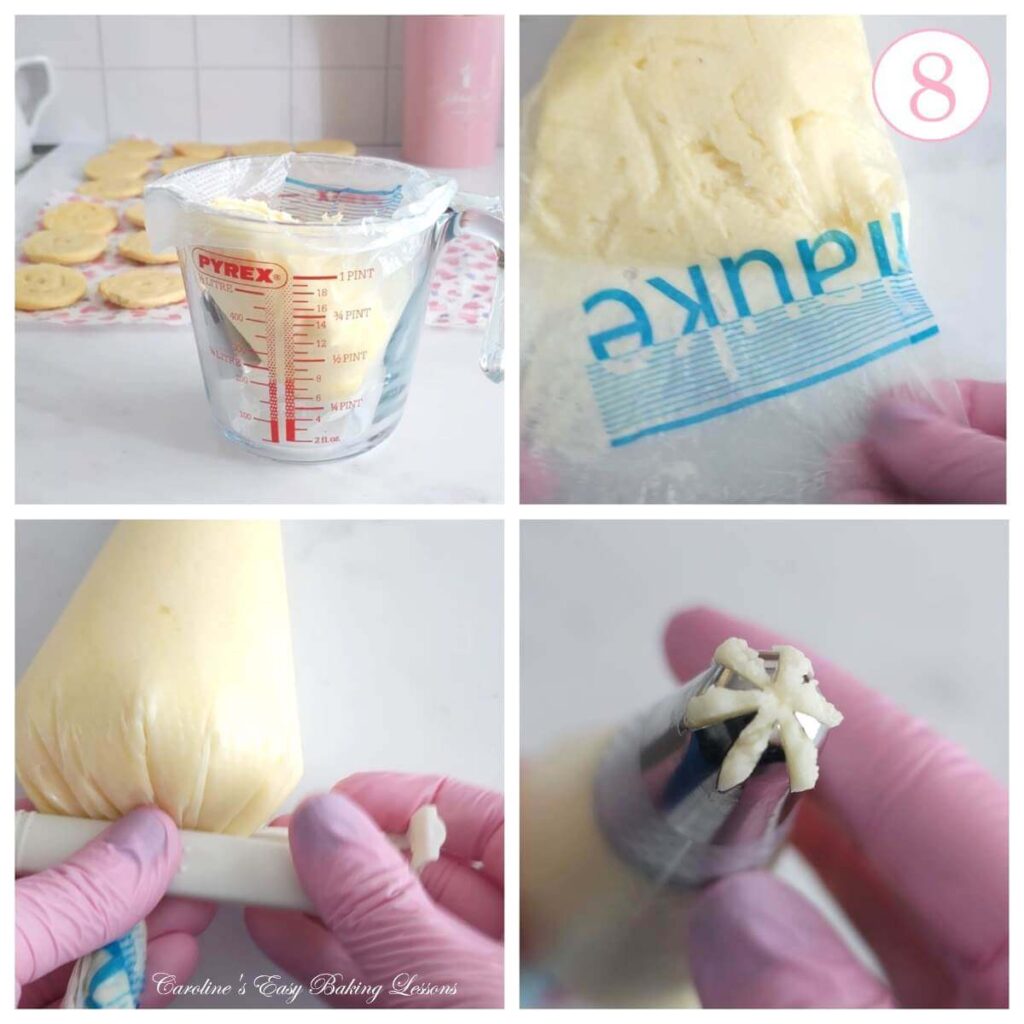 Filling piping bag with buttercream using a jug & text 'photo 8'.