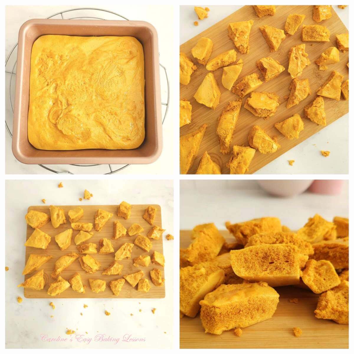 4 photo collage of homemade honeycomb (sponge candy) pieces.