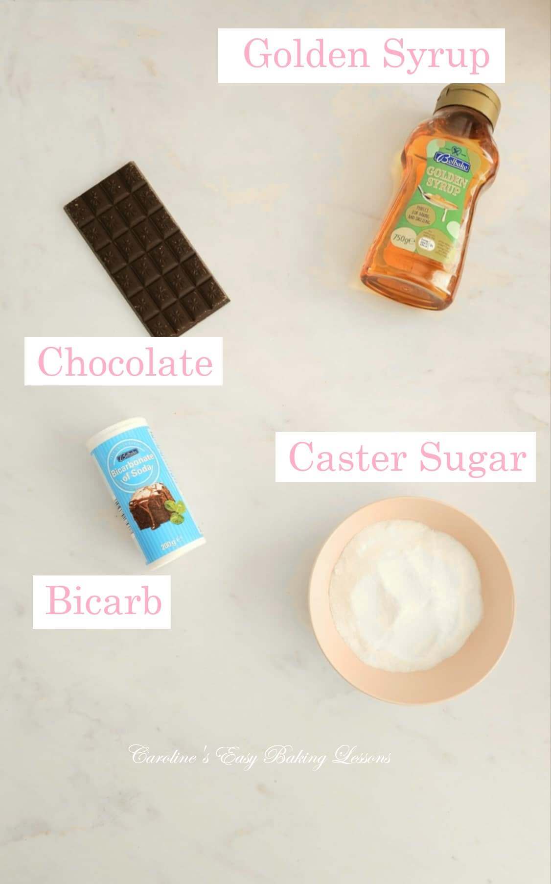 Labelled photo of ingredients for honeycomb/sponge candy - sugar, chocolate, golden syrup & bicarb/baking soda.