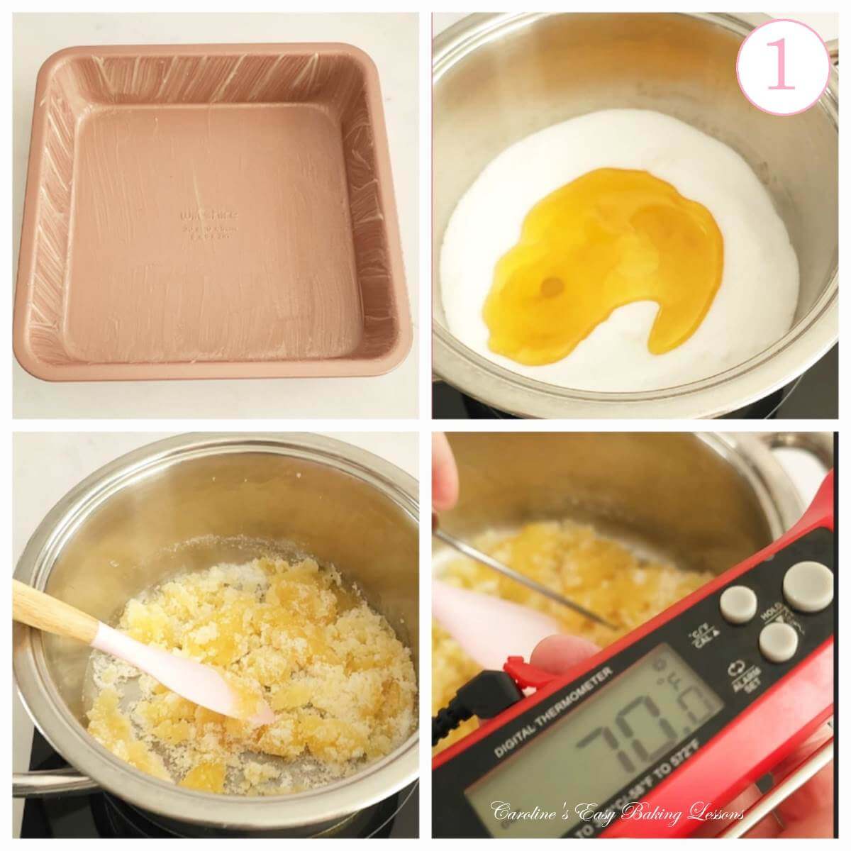 4 photo collage of greasing square cake tin, adding sugar and golden syrup to cooking pot & using a food thermometer, with text 'photo 1'.