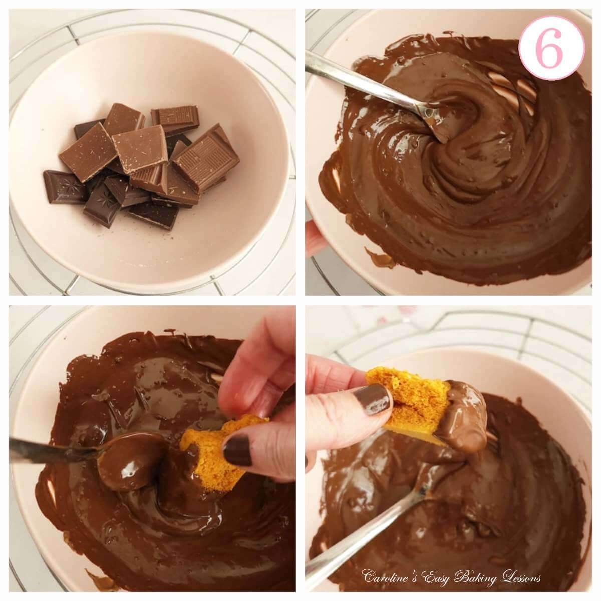 4 photo collage of melting pieces of chocolate & dipping in honeycomb/sponge candy, with text 'photo 6'.