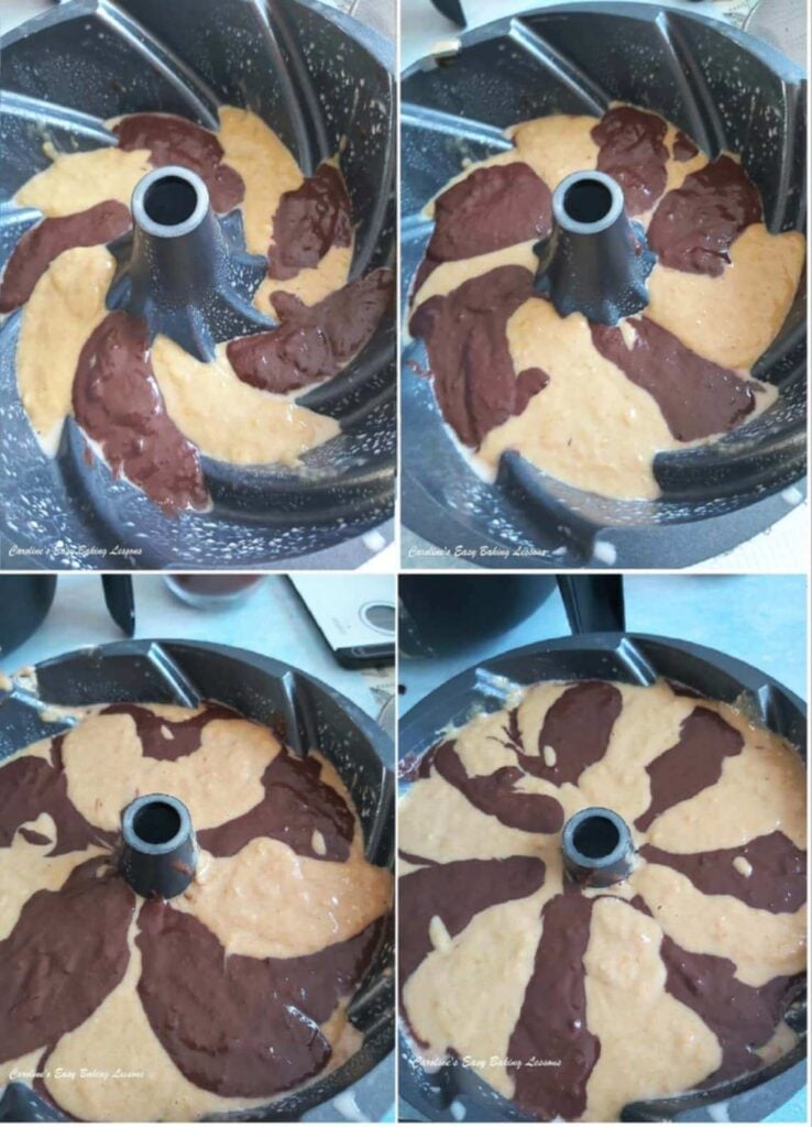4 photo collage of alternating & layering chocolate and pumpkin batter in ridges of a bundt pan.