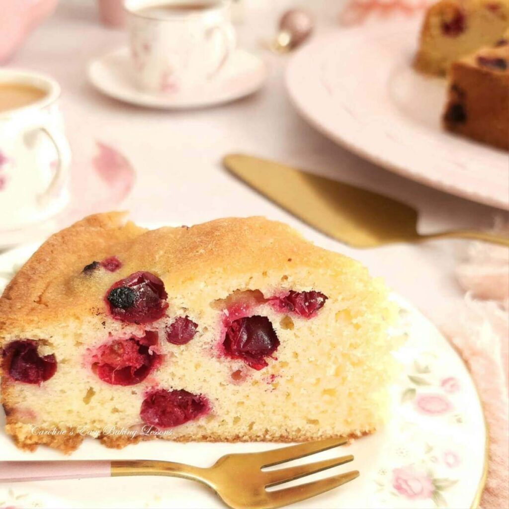 Close shot of a table with pink vintage plate of slice of cranberry Madeira cake.