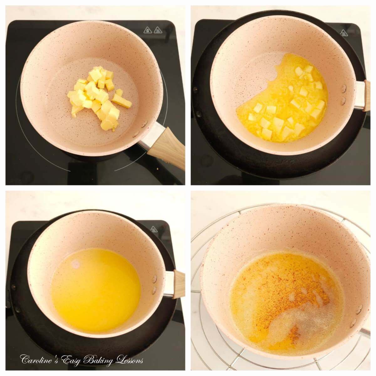 4 photo collage of melting and browning butter cubes in a coking pot.