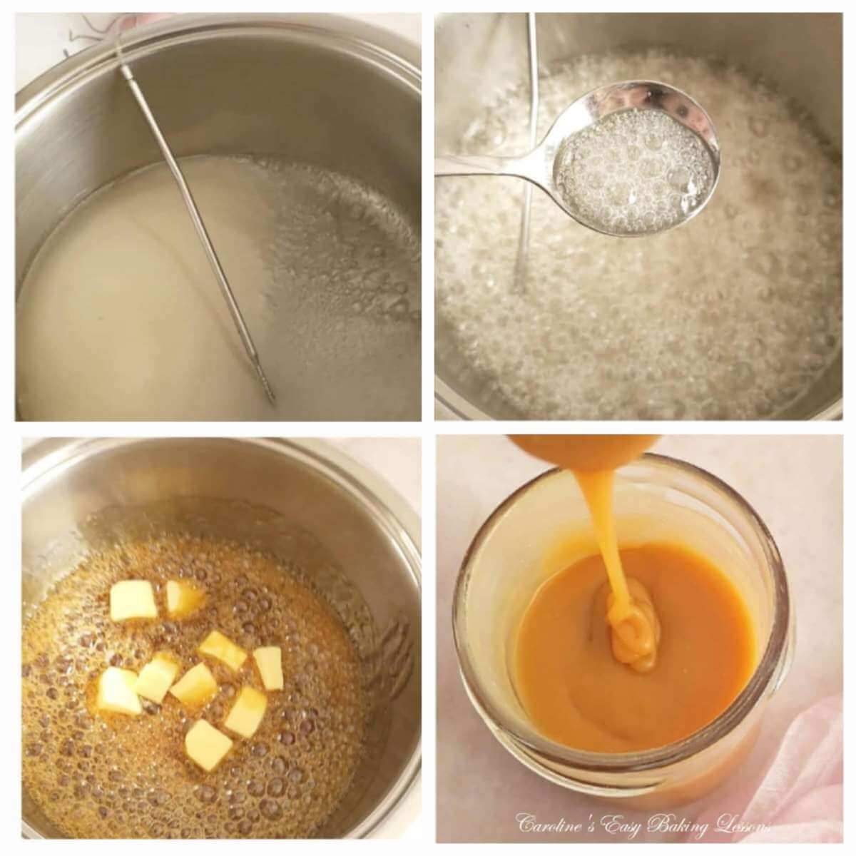 4 photo abbreviated collage of steps to make caramel sauce.