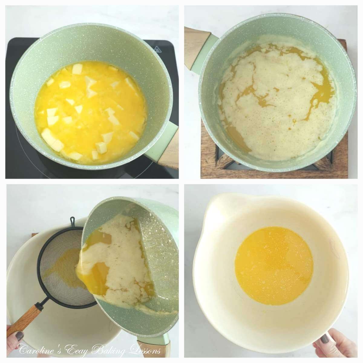 4 photo collage of melting butter, & clarifying to separate the fats & liquids.