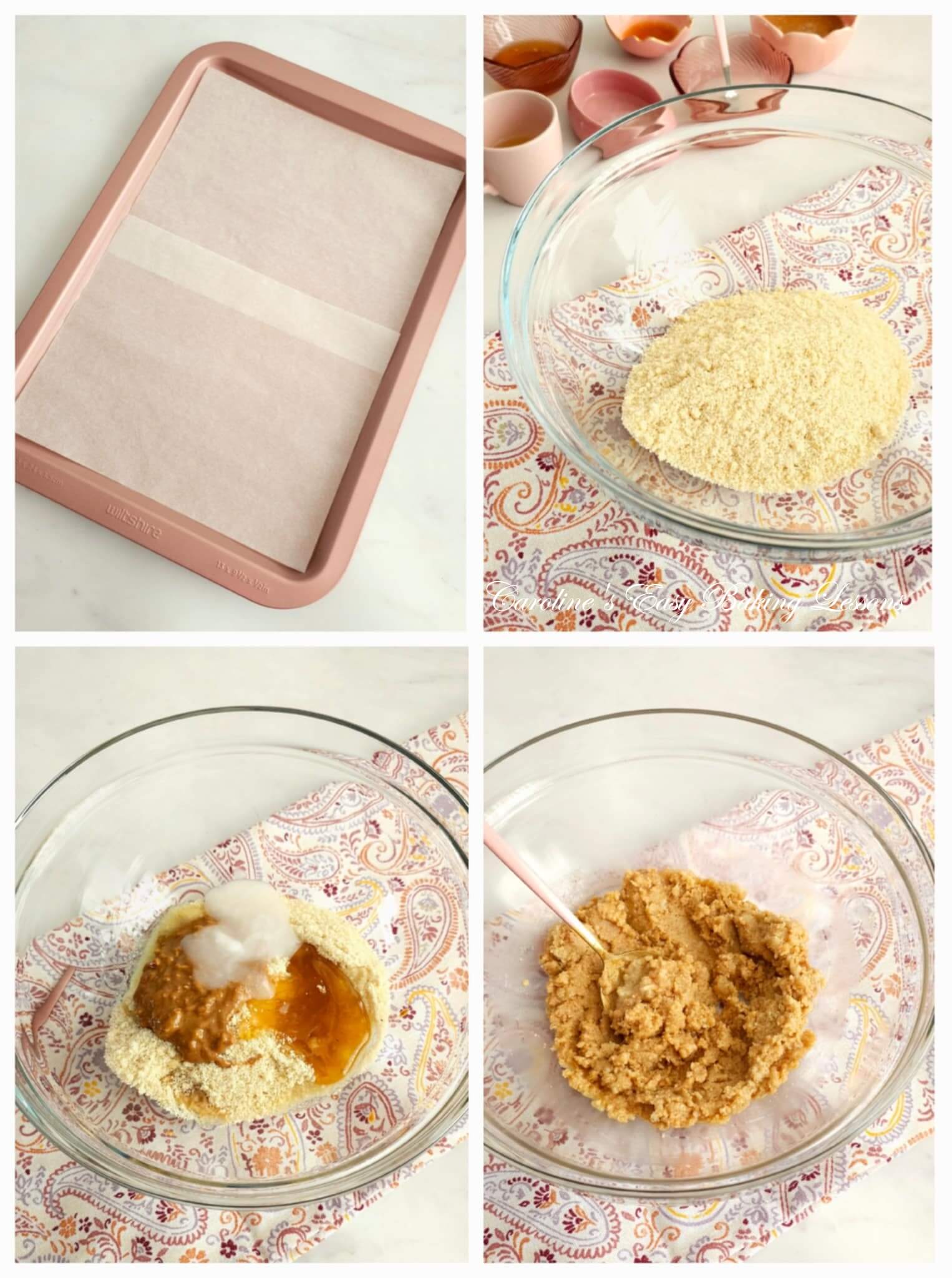 4 photo collage of mixing ingredients for healthy almond truffles.