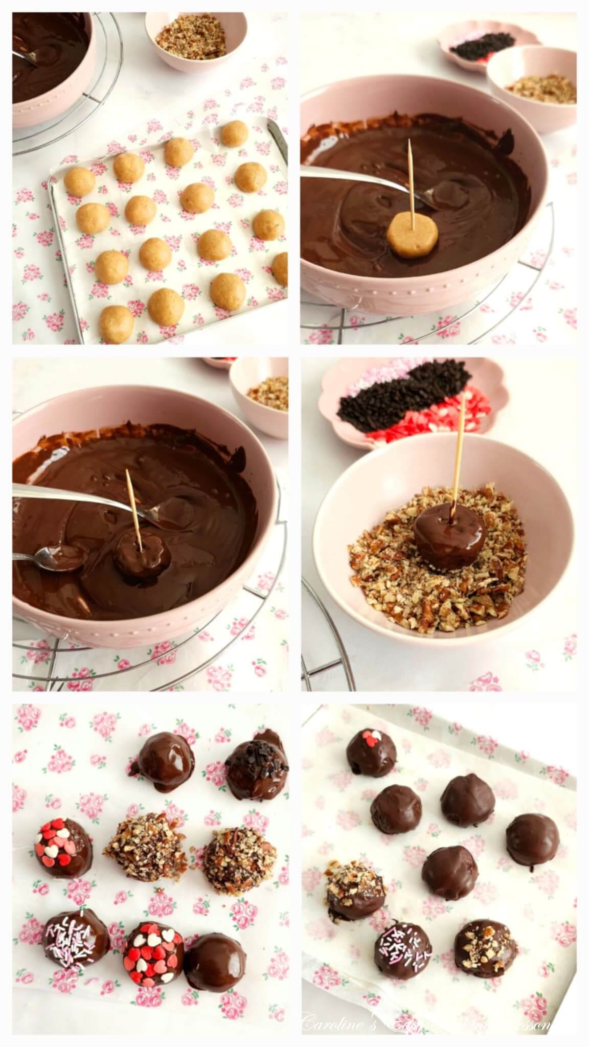 6 photo collage of forming & dipping healthy almond truffles in chocolate and sprinkles.