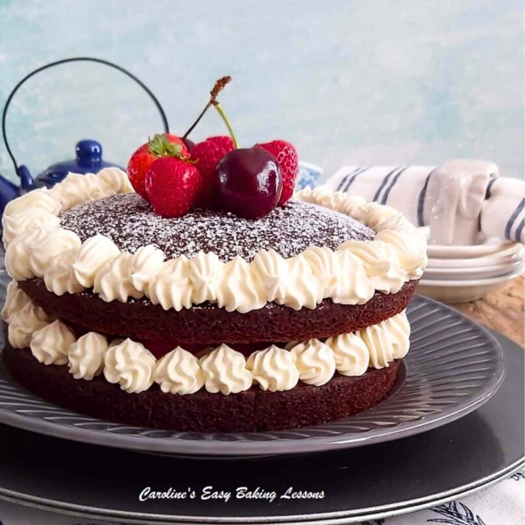 Close shot of a plate with a 2 layer chocolate and cream cake with berrie son top.