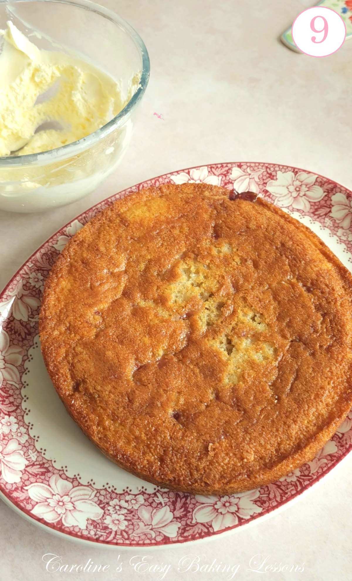 Photo of pink vintage plate, with base layer of raspberry Victoria Sandwich cake, ready to be filled, and with text 'photo 9'..
