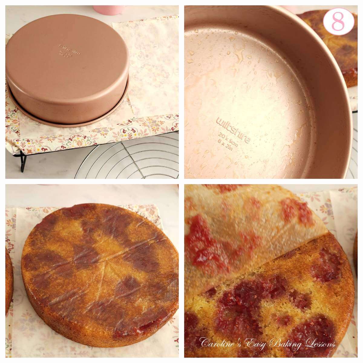 4 photo collage of cooling cake & turning out of tin, with text 'photo 8'.