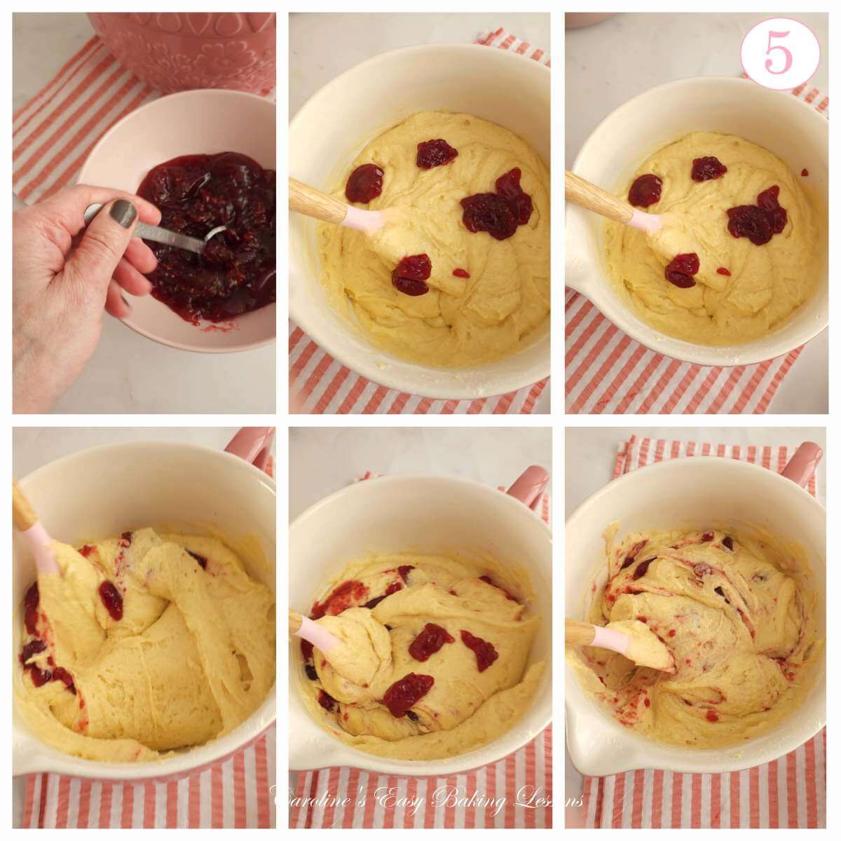 6 photo collage of adding slowling drops of jam to cake batter & rippling through, with text 'photo 5'.