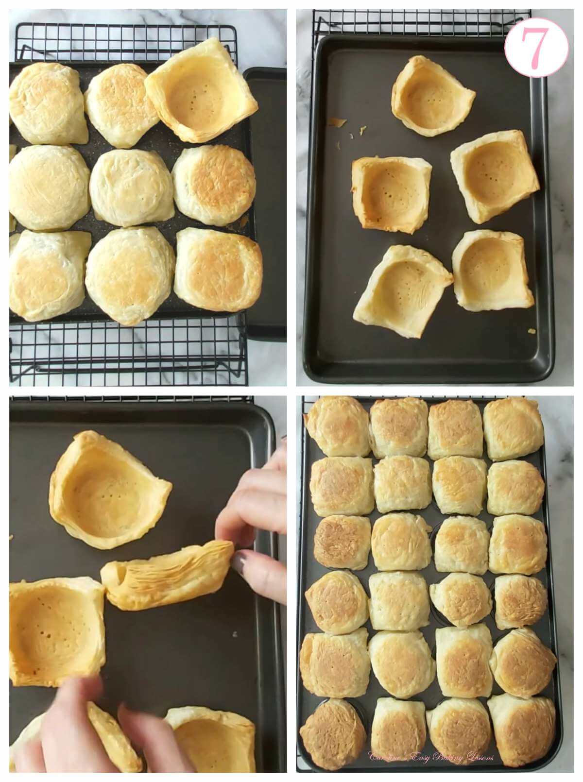 4 photo collage of baking puff pastry cups in a 12-cup cupcake tray & a 24 mini muffin tray, left to cool with text 'photo 7'.