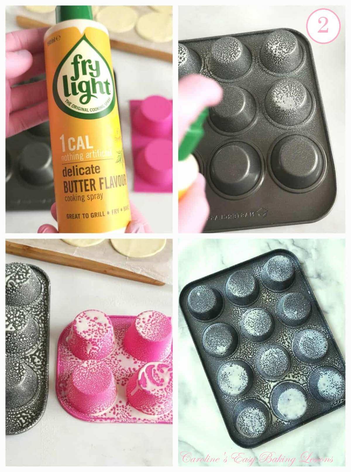 4 photo collage showing well greasing underside of cupcake trays with Frylight cooking spray bottle, with text 'photo 2'.