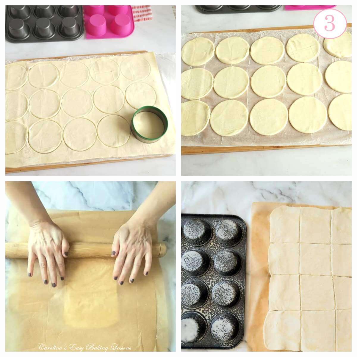 4 photo collage of cutting out 15 pastry rounds, rolling out pastry block and cutting 12 pieces, with text 'photo 3'.