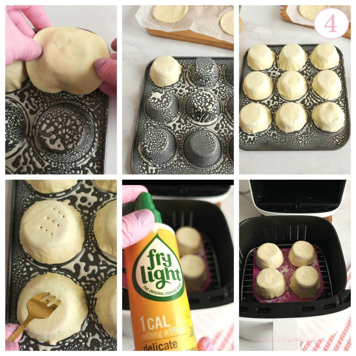 6 photo collage of greasing underside of cupcake tray, forming pastry cups on the bttom and placing in a basket air fryer, with text 'photo 4'.