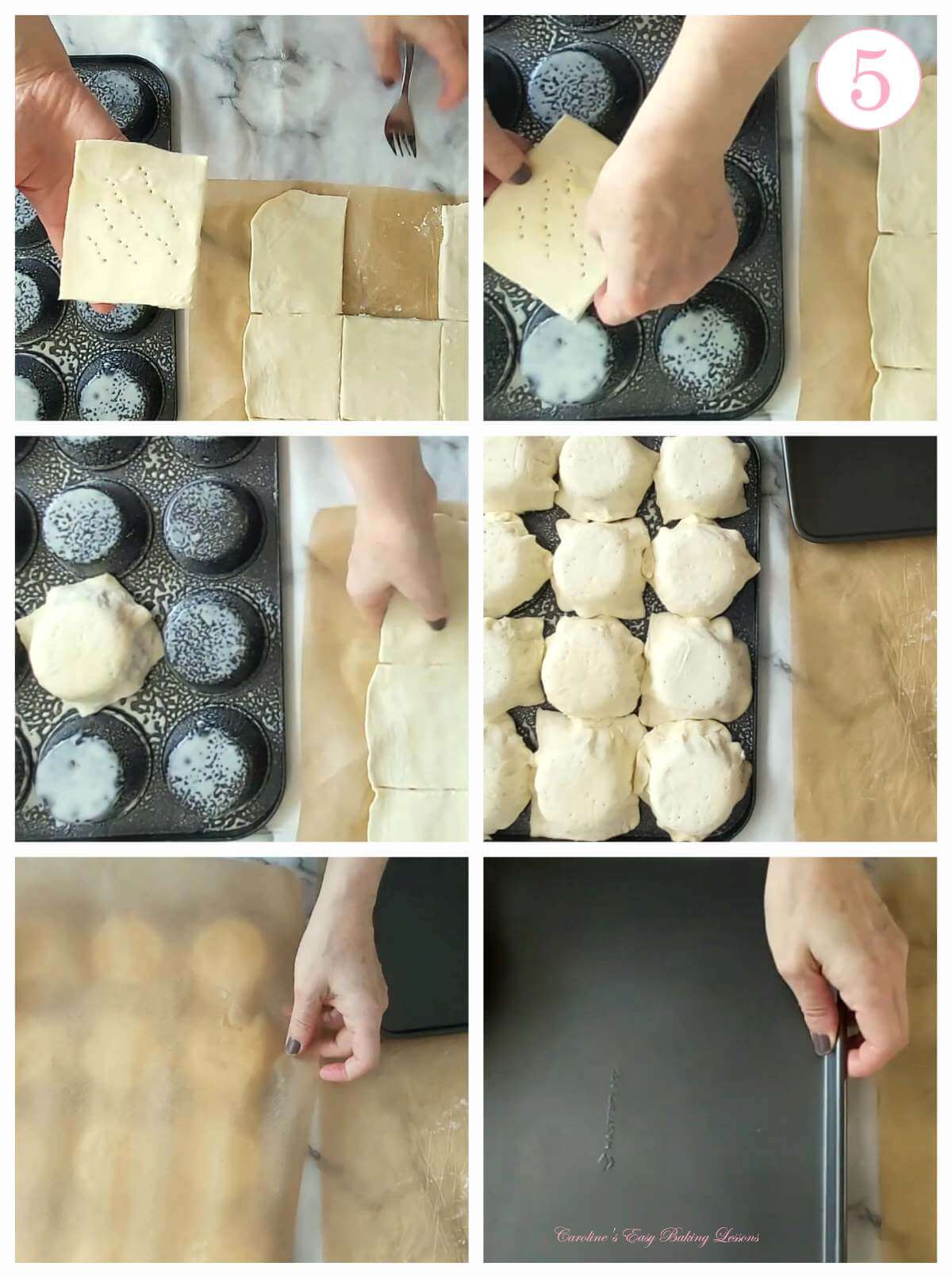 6 photo collage of cutting rolled out puff pastry for 12-hole cupcake tray, forming cups on the bottom and weighing down before baking, with text 'photo 5'.