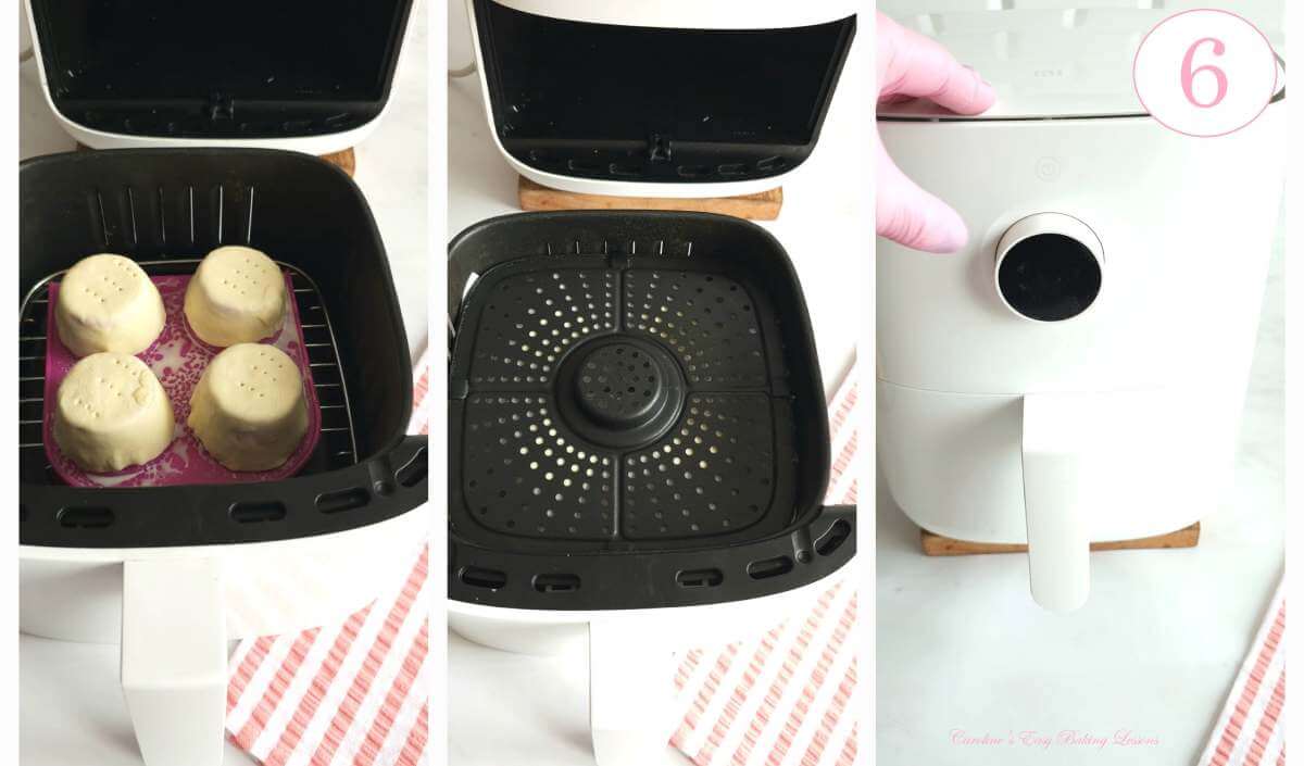 3 photo collage of adding 4 puff pastry unbaked cups, on top of a silicone 4-cup cupcake tray, in a small basket air fryer, weighing down and with text 'photo 6'.