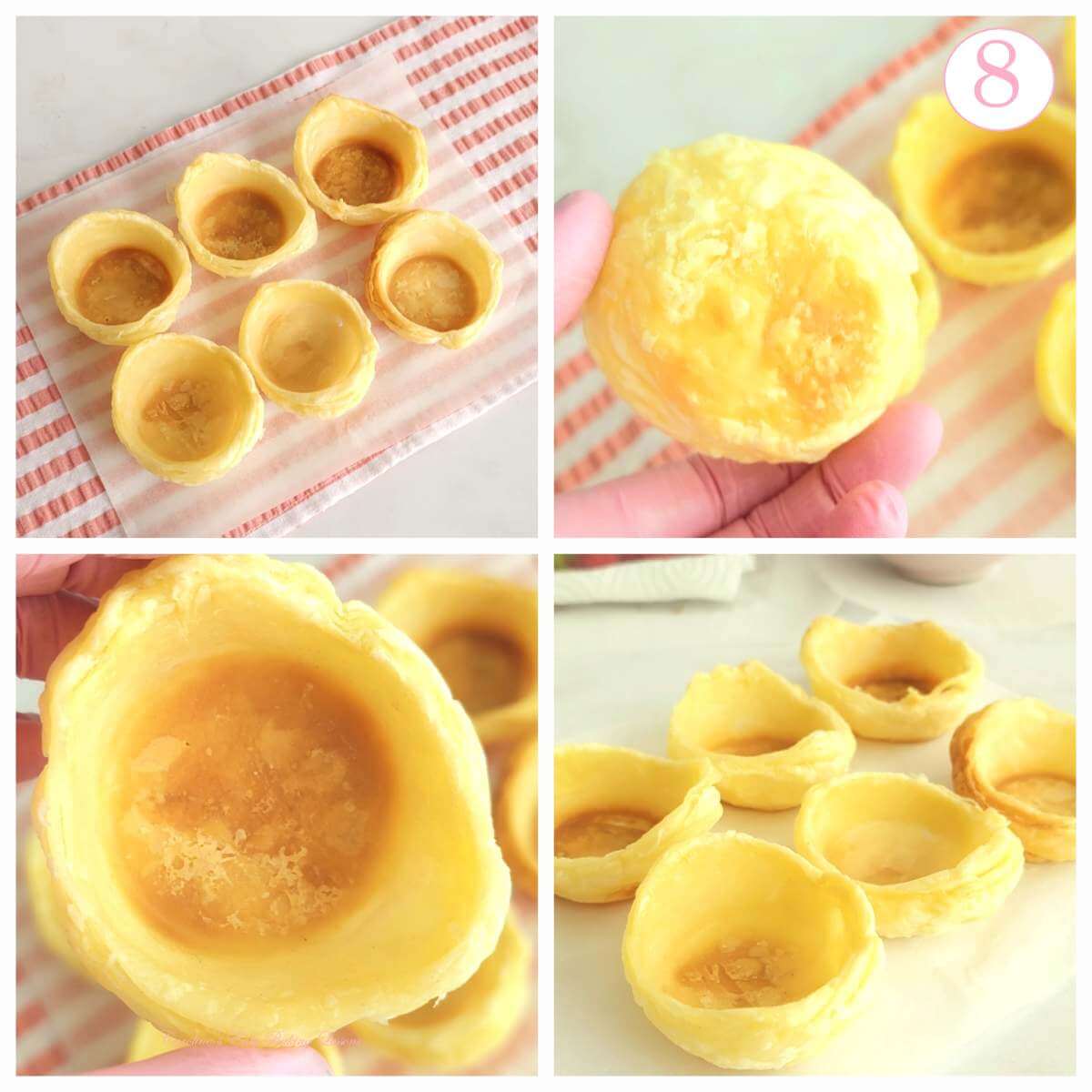4 photo collage of baked and cooling golden puff pastry cups by air fryer, with text 'photo 8'.