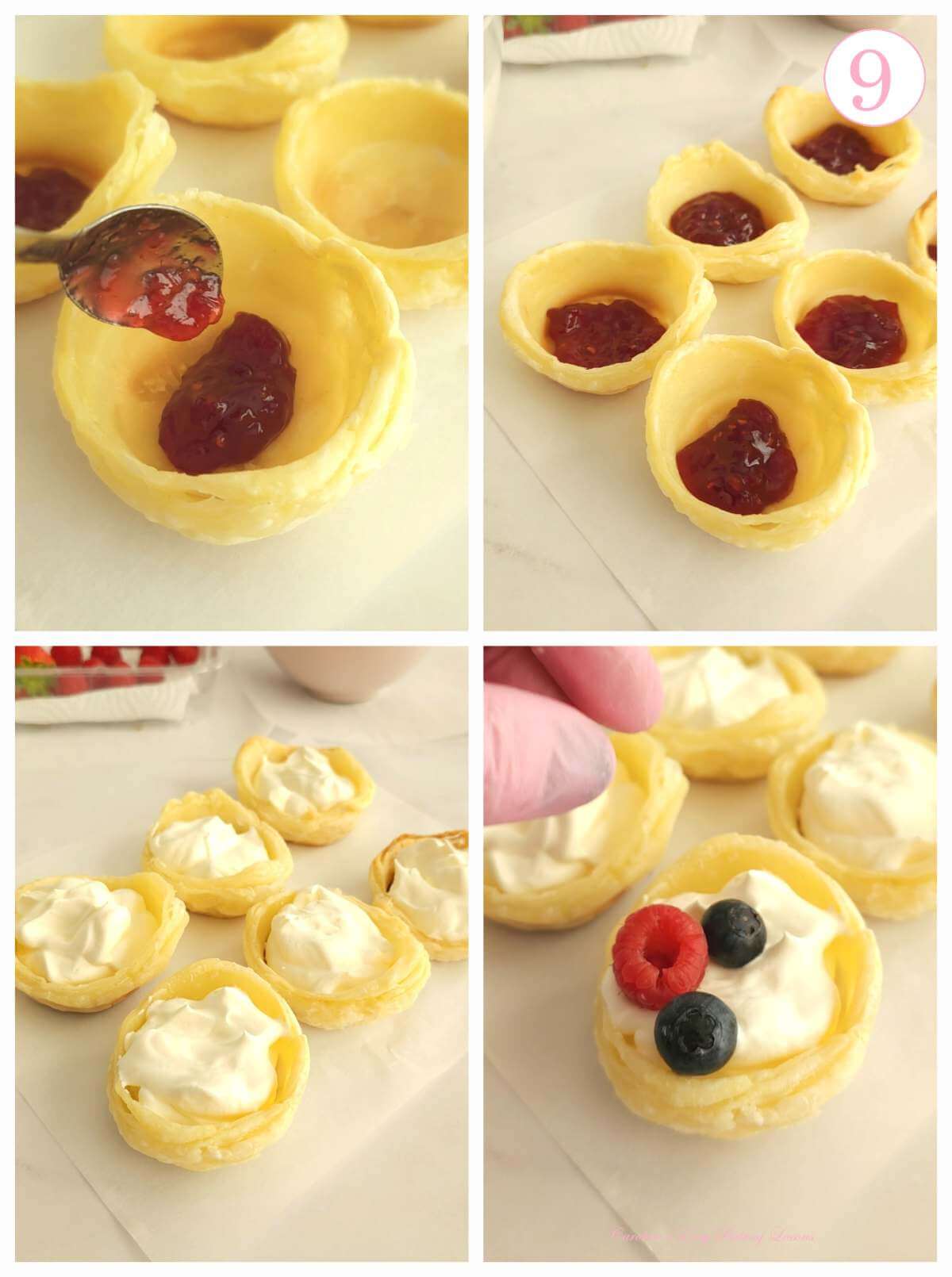 4 photo collage of filling pastry cups with jam, whipped cream and fresh berries, with text 'photo 9'.