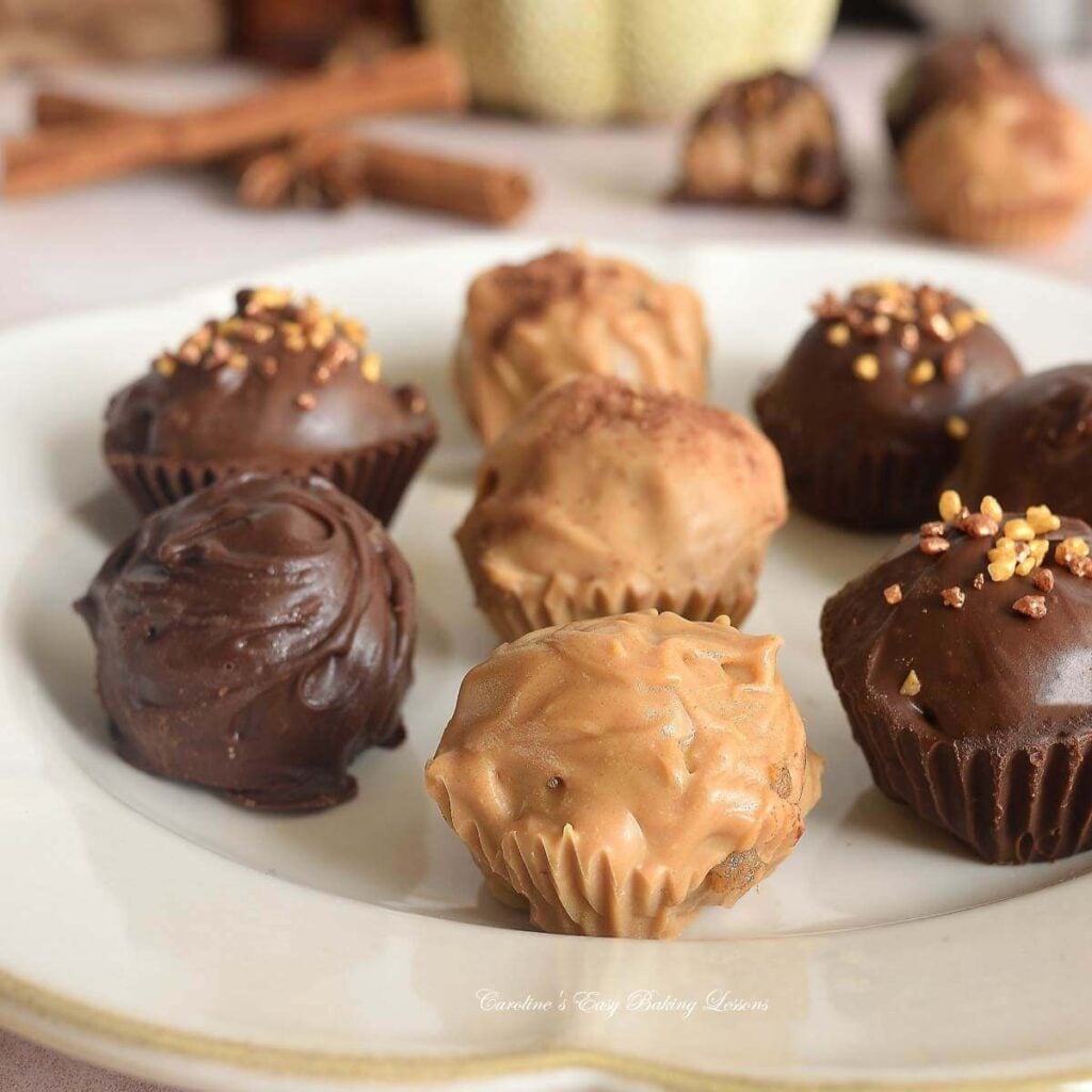 Extra close shot of chai truffles, highlighting the caramel candy melt coated ones.