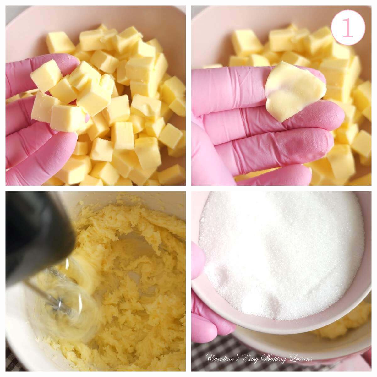 4 photo collage of testing softened butter cubes, beating before adding sugar, with text 'photo 1'.