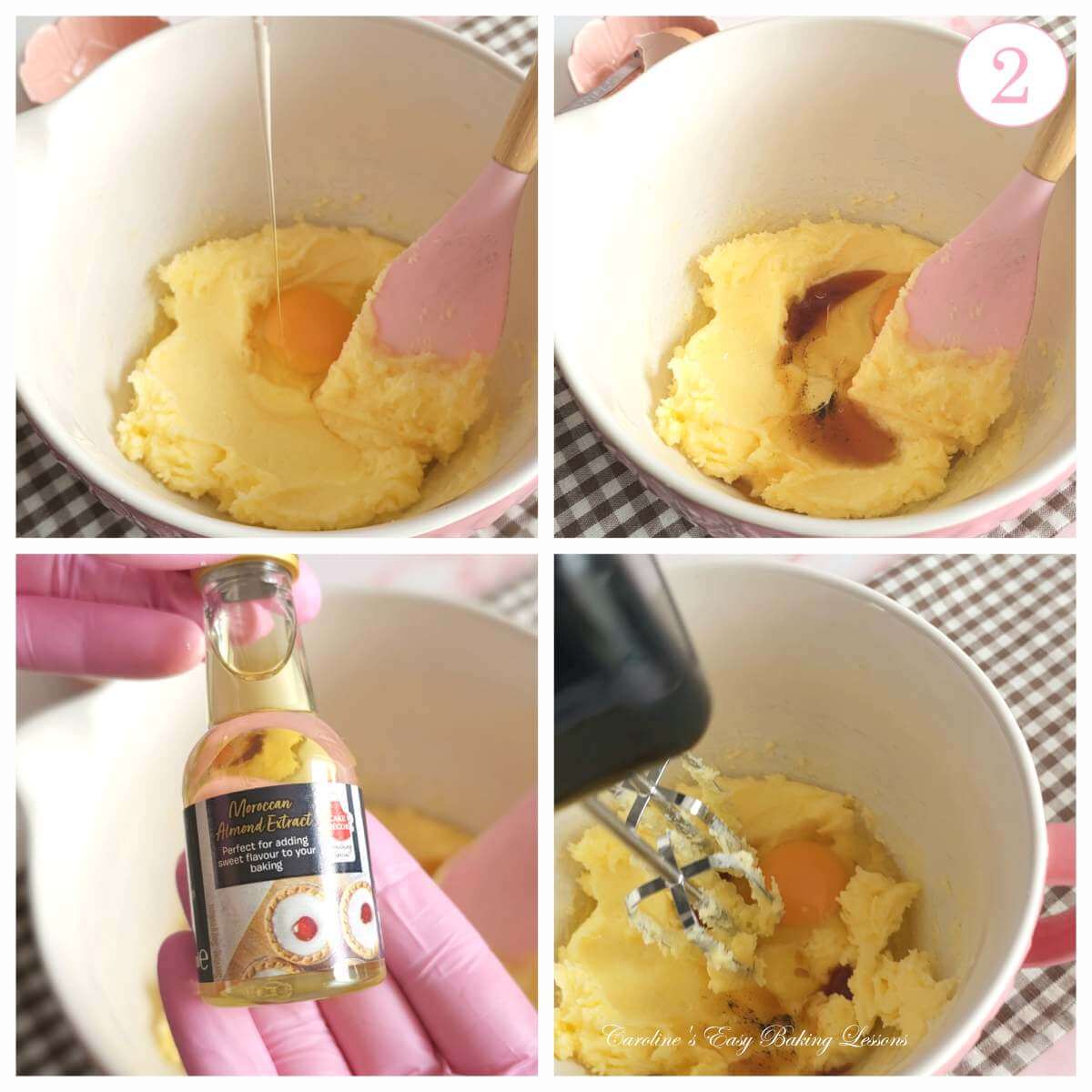 4 photo collage of creamed butter & sugar, adding vanilla, almond extract and one egg, with text 'photo 2'.