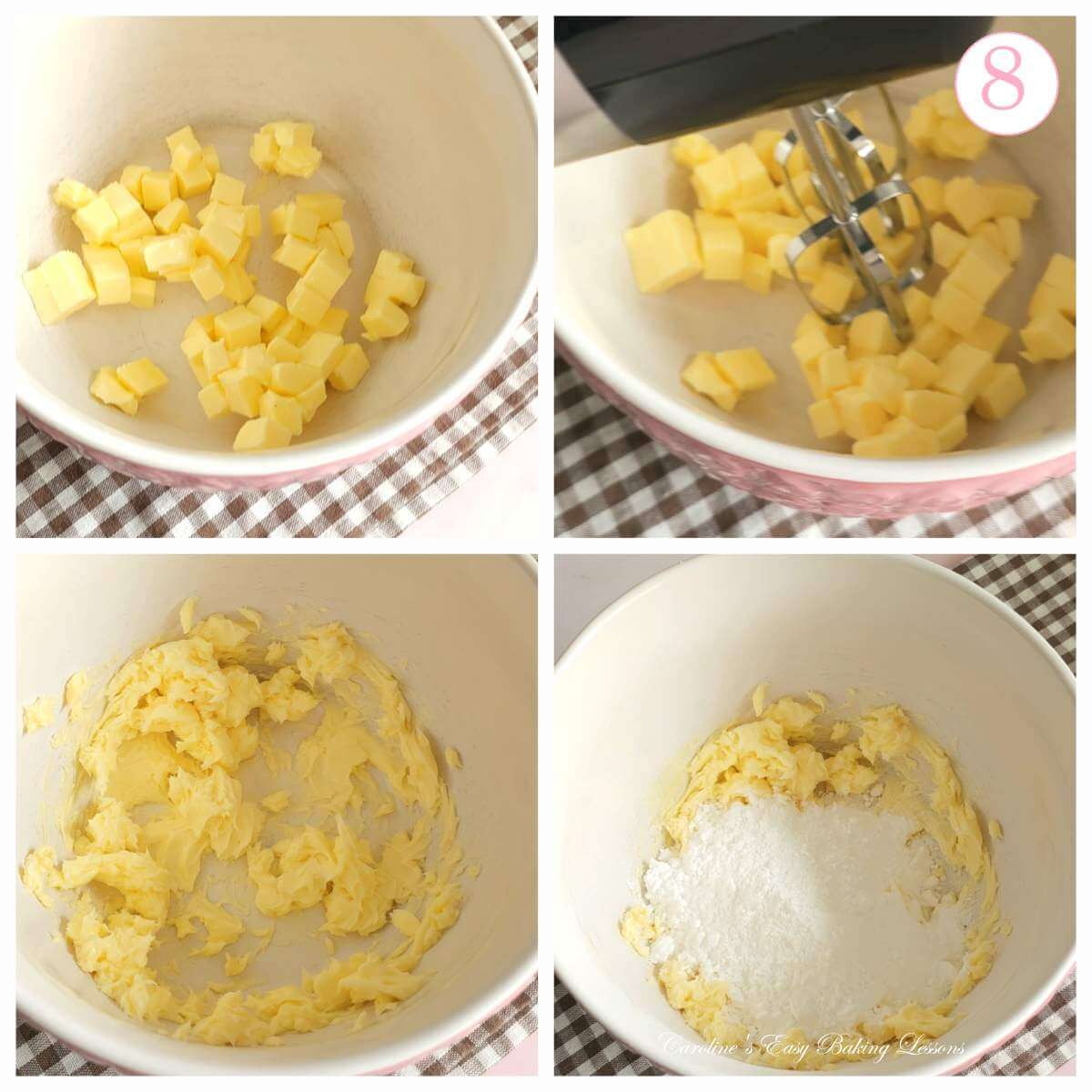 4 photo collage of beating butter before adidng icing/powdered sugar, with text 'photo 8'.