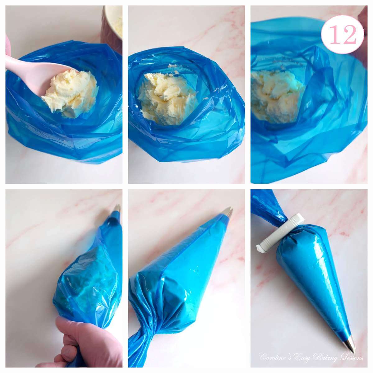 6 photo collage of filling & closing a large blue piping bag with buttercream, with text 'photo 12'.