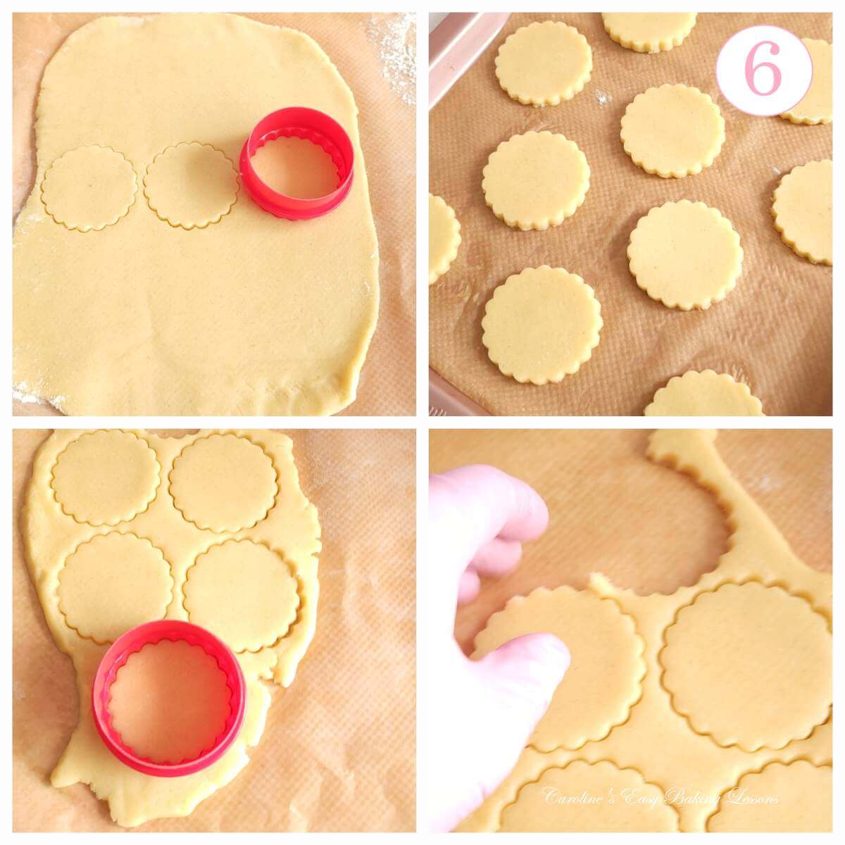 4 photo collage of cutting out round flutted biscuits/cookies and rerolling, with text 'photo 6'.