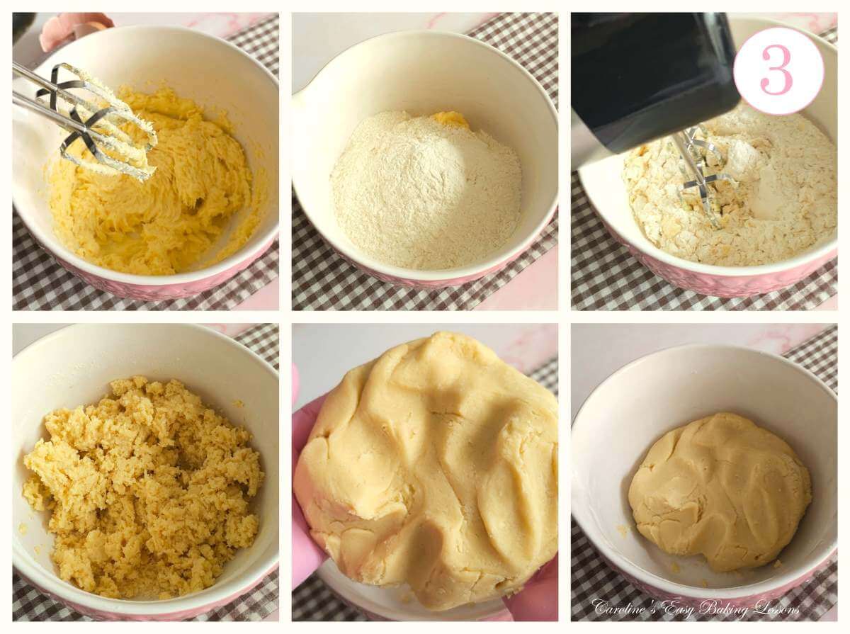 6 photo collage of adding flour to butter sugar egg mixture for biscuits/cookies and formed into a disc of dough, with text 'photo 3'.