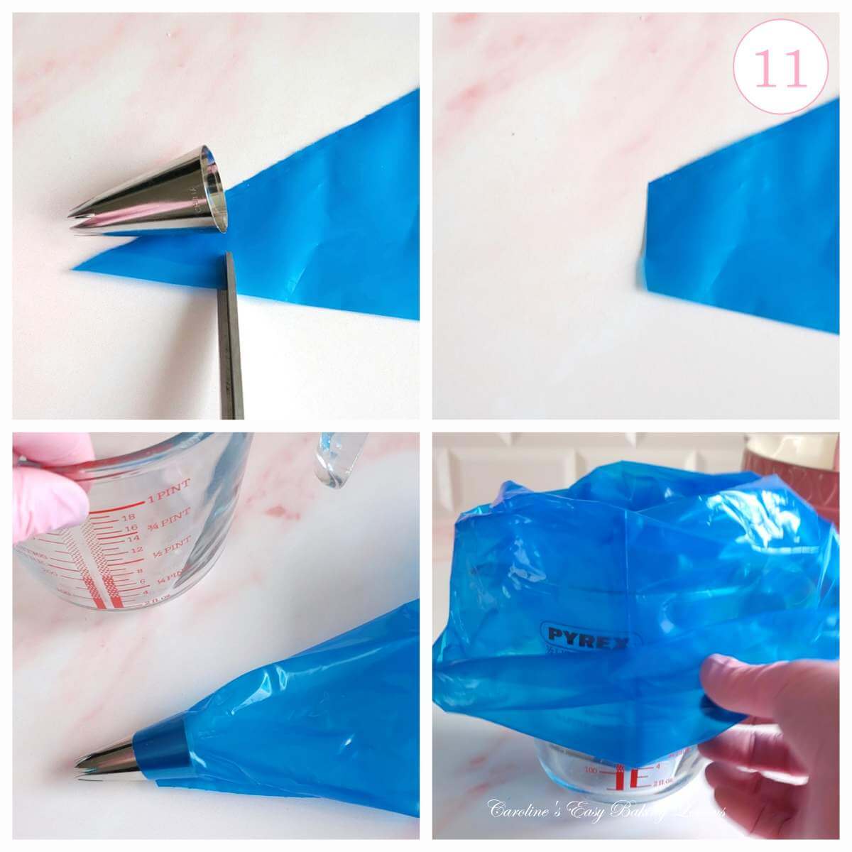 4 photo collage of cutting large piping bag to fit nozzle, with text 'photo 11'.