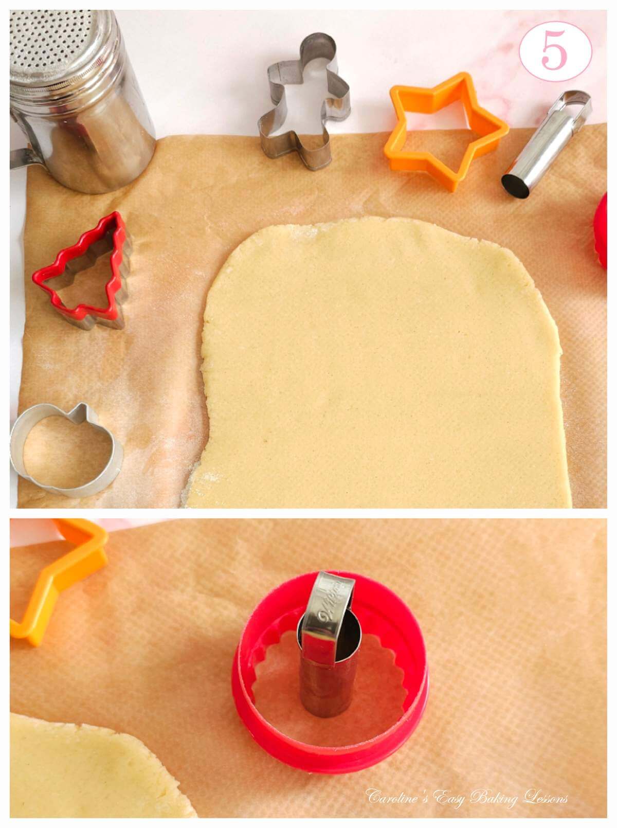 2 photo collage showing rolle dout cookie dough, star, gingerbread, tree and small corer cutter for centre, with text 'photo 5'.