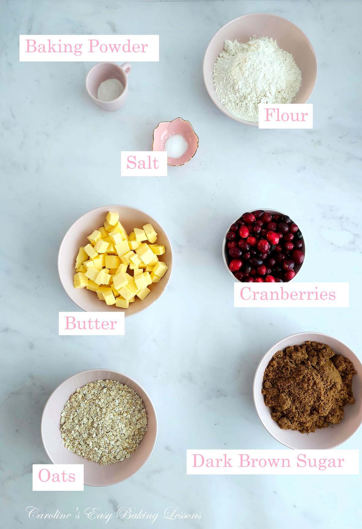 Overhead image of bowls of labelled ingredients for cranberry oat bars.