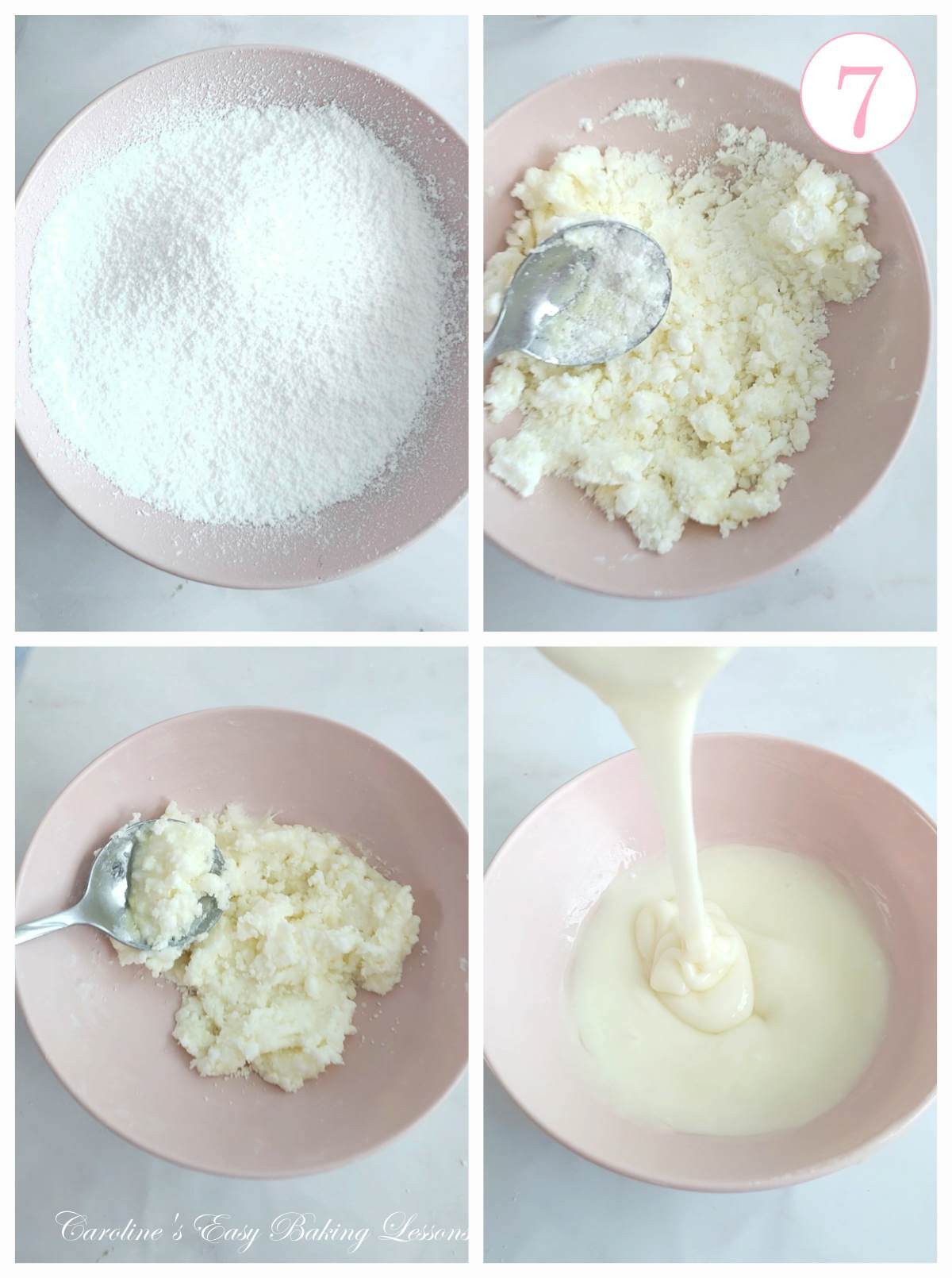 4 photo collage of mixing up icing/plaze with text 'photo 7'.