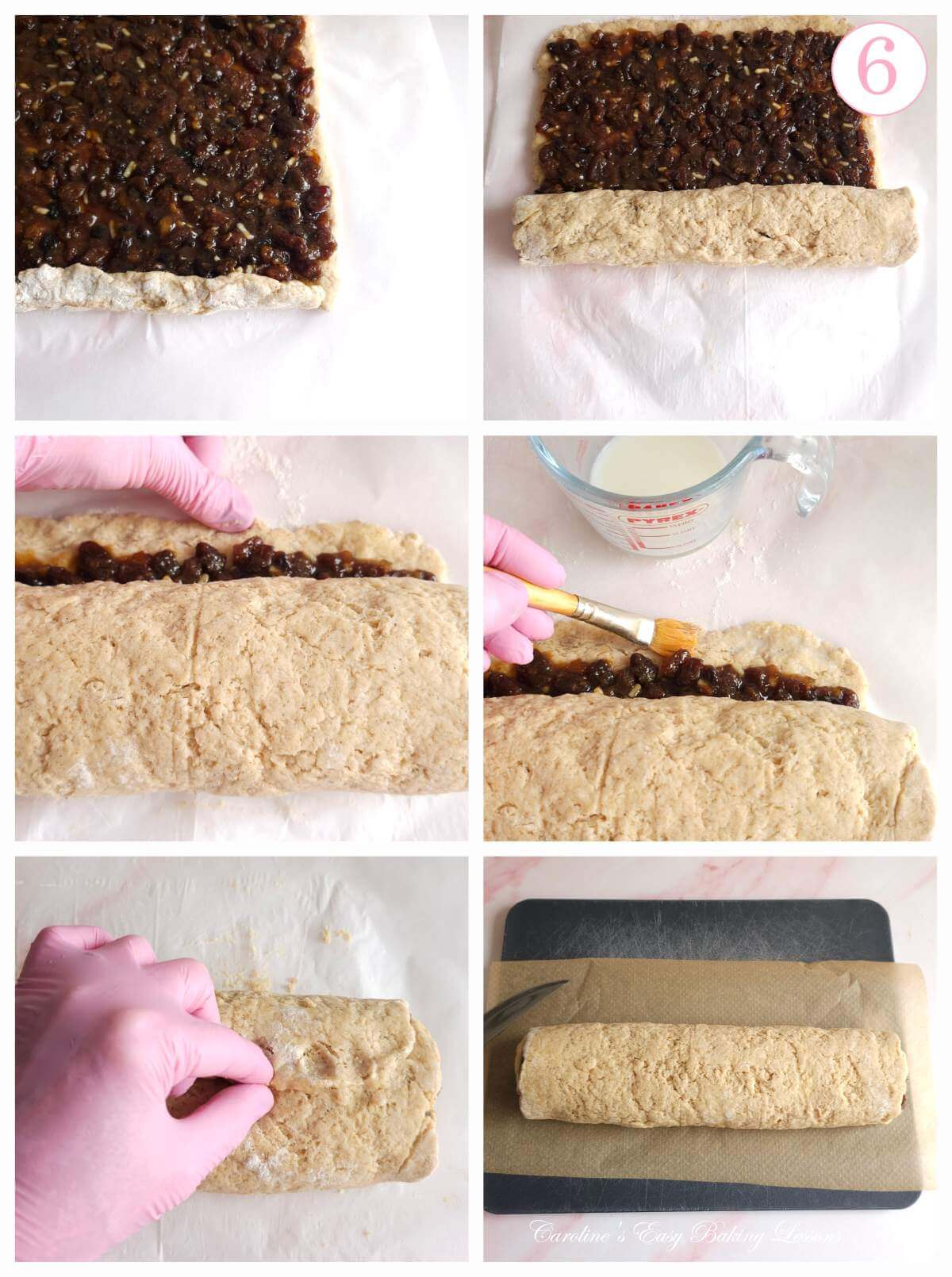 6 photo collage of rolling up mince meat filled dough for speedy mince meat swirls with text 'photo 6'.