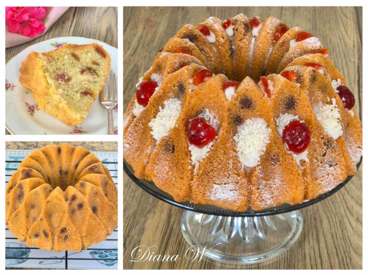 3 photo collage of reader Diana W's Bakewell bundt cake, above, on a stand and a slice.