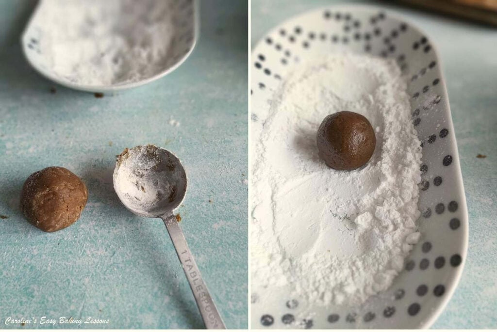 2 photo collage of rollign gingerbread cookies and then in icing/powdered sugar.