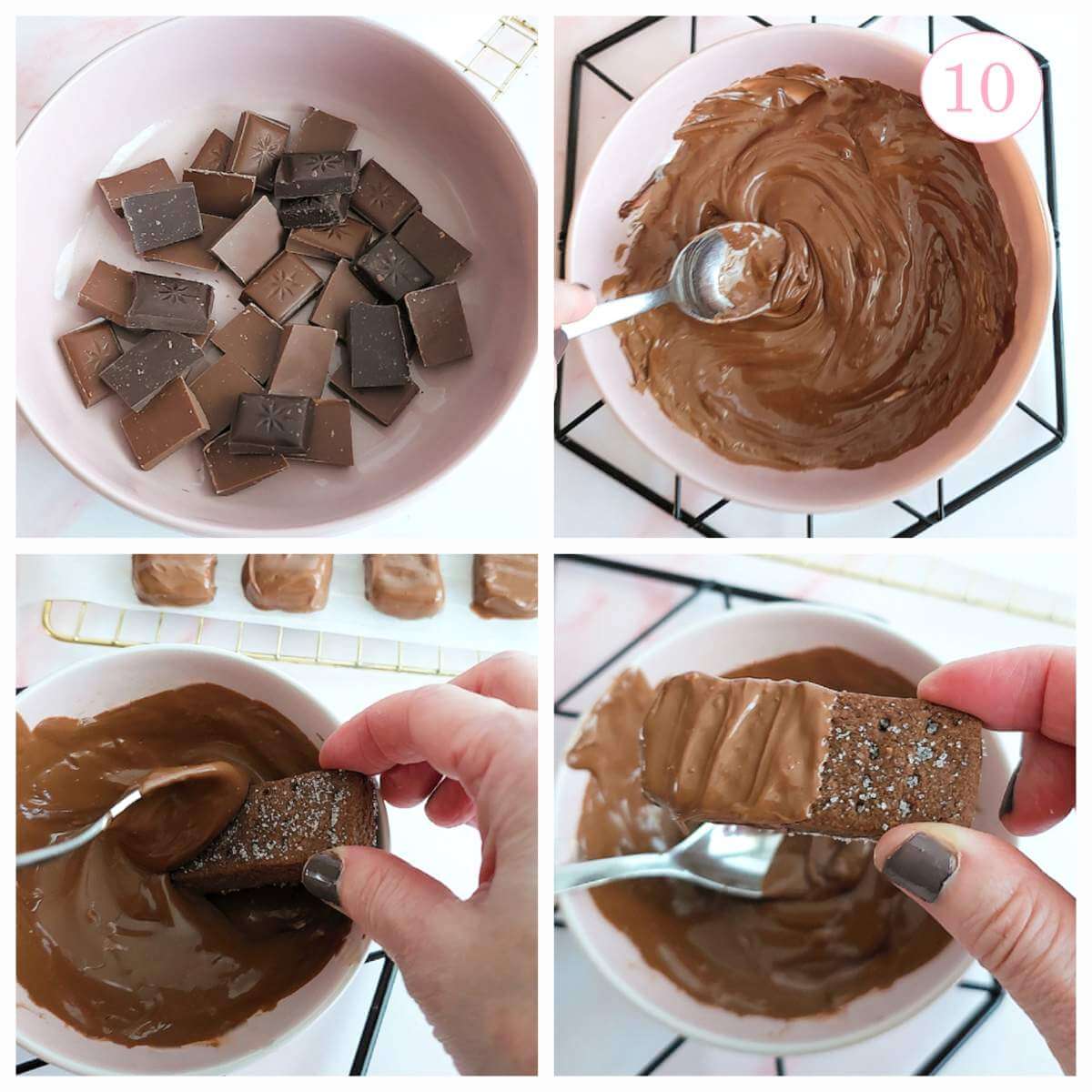 4 photo collage of melting chocolate and half-dipping chocolate Scottish shortbread fingers in it, with text 'photo 10'.