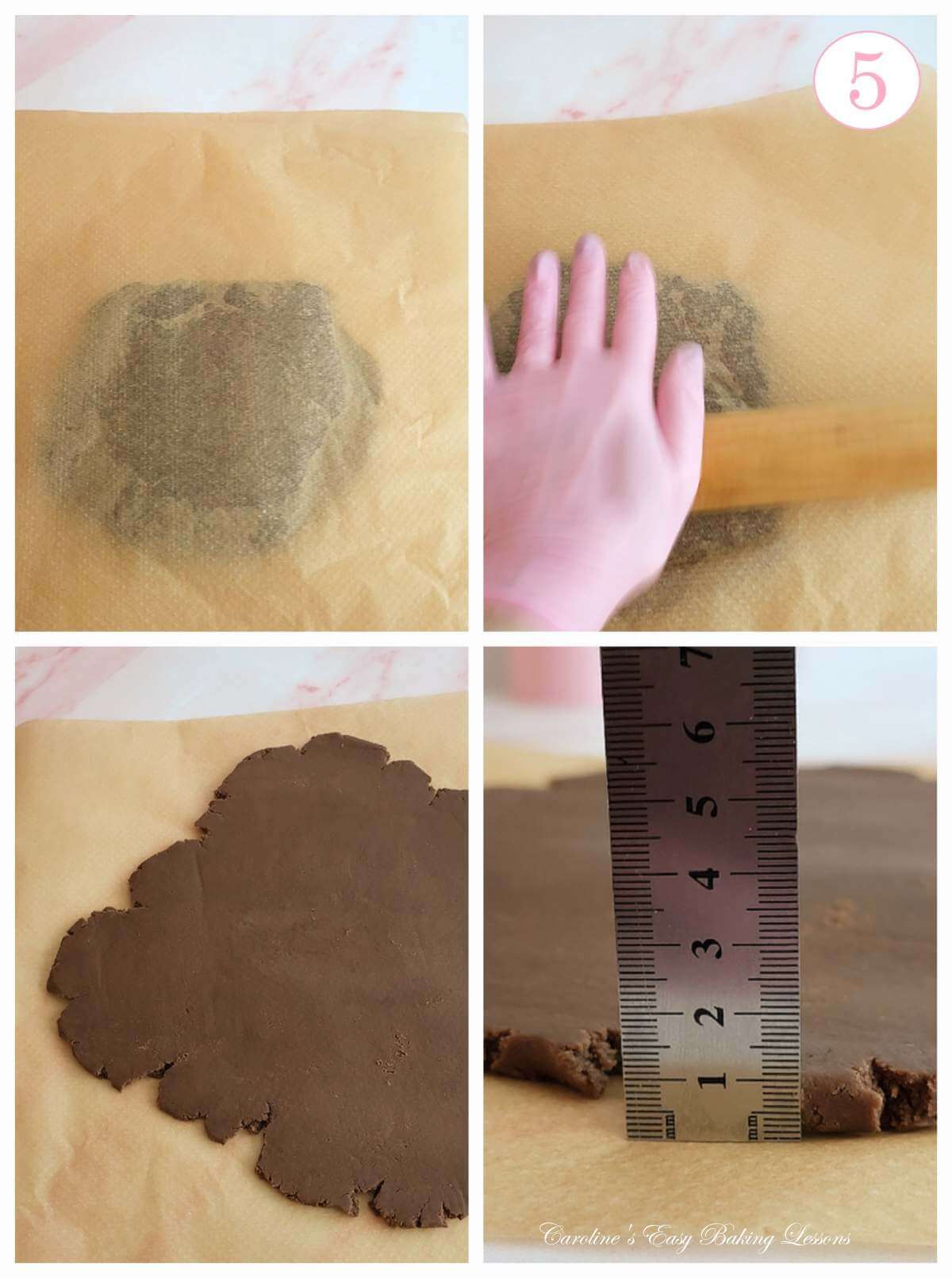 4 photo collage of rolling out chocolate biscuit dough between paper and ruler showing 1cm thickness, with text 'photo 5'.