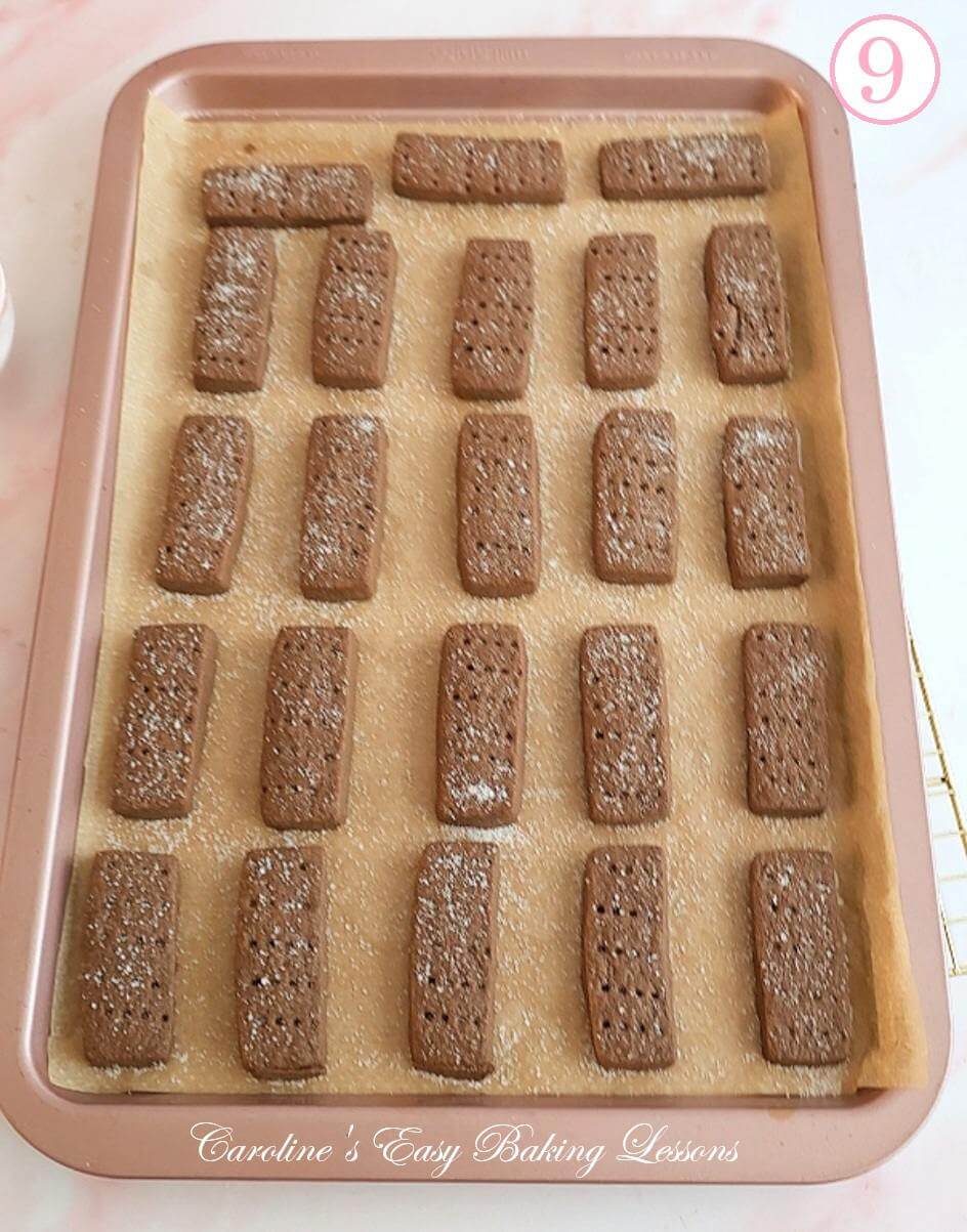 Overhead shot of lots of chocolate Scottish shortbread fingers baked and with sugar on top, with text 'photo 9'.