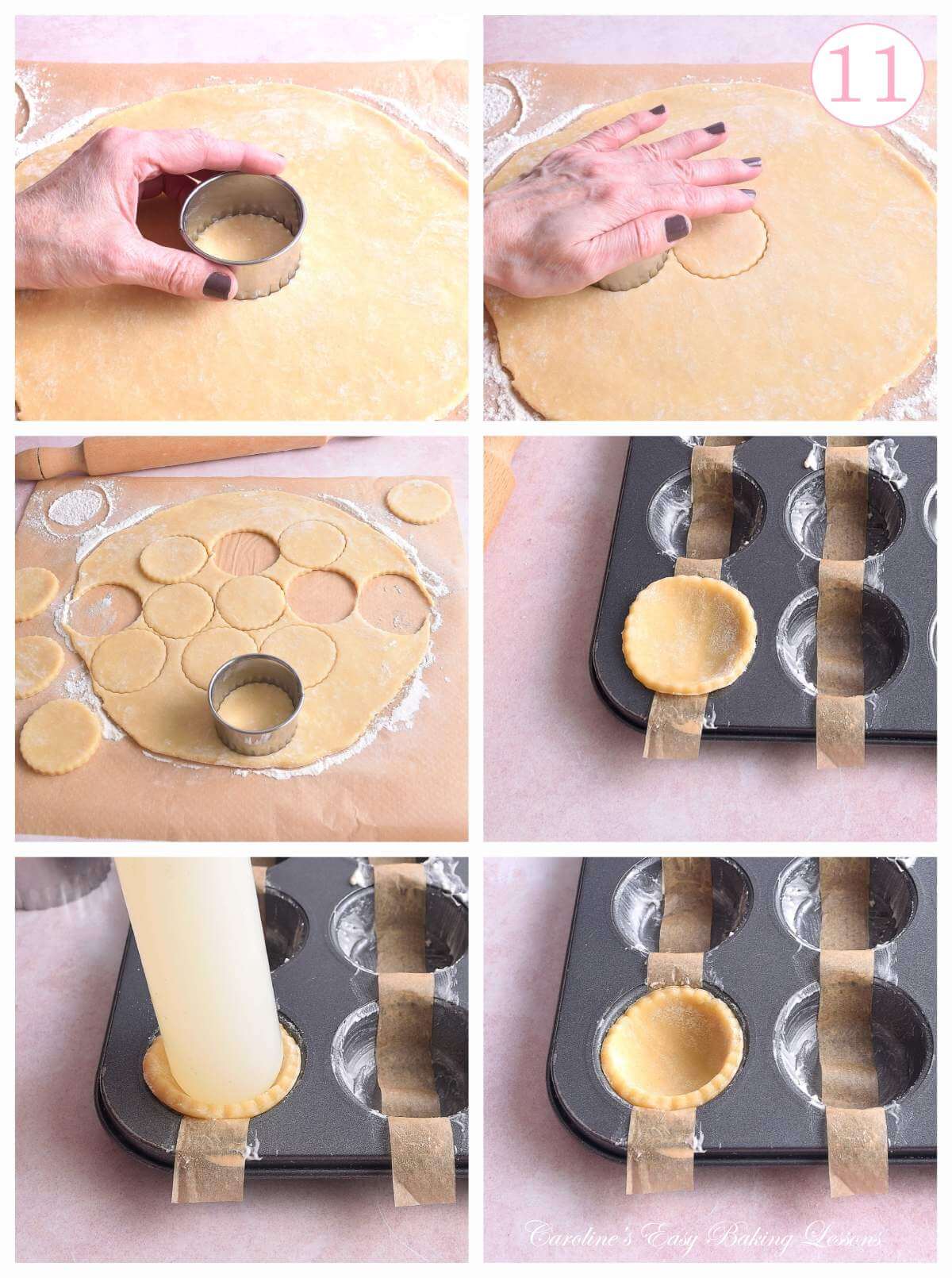 6 photo collage of cutting out fluted edge pastry rounds, female hand fitting into a mini muffin tin with a smooth rolling pin, and text 'photo 11'.